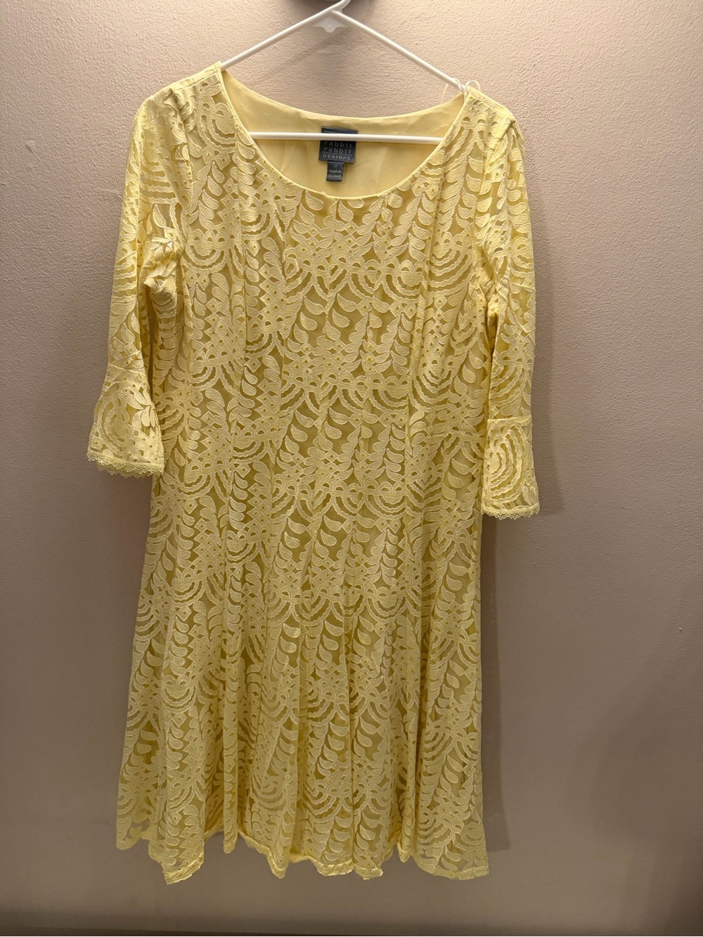 Rabbit Rabbit Designs Yellow Lace Bell Sleeve A-Line Dress Womens Size 12